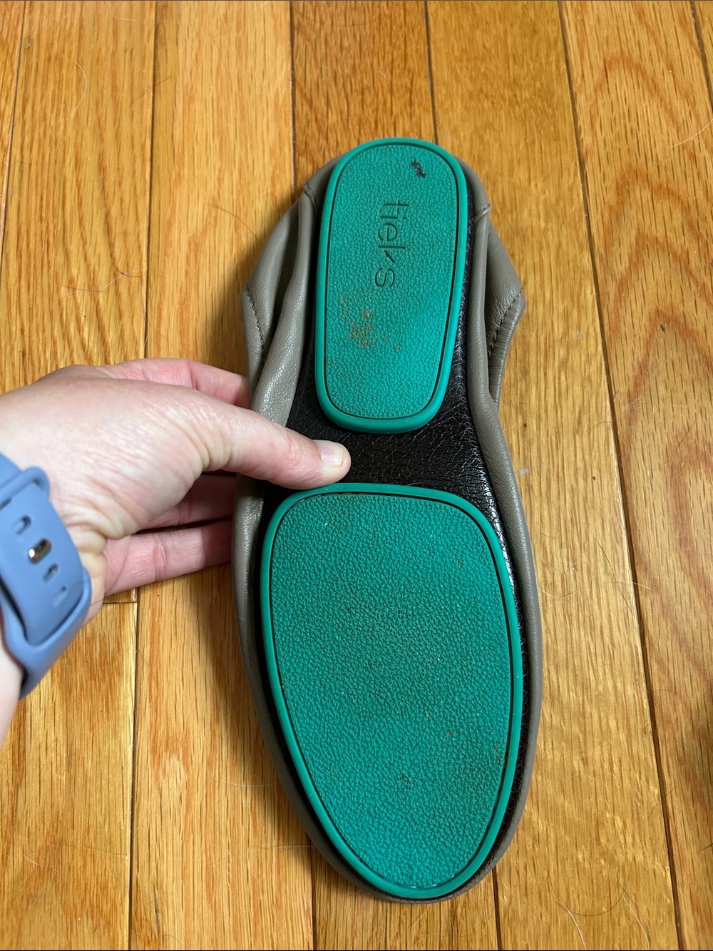 Tieks Light Brown/Khaki Leather Ballet Flats with Teal Trim - Picture 5 of 11